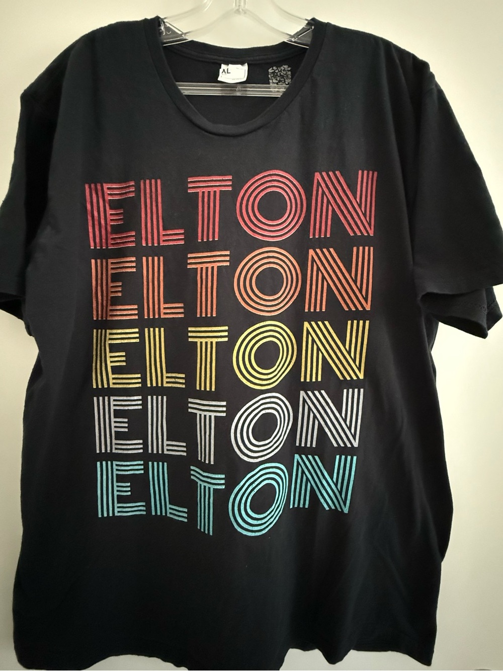 Black Elton Graphic Tee with Rainbow Stack Print